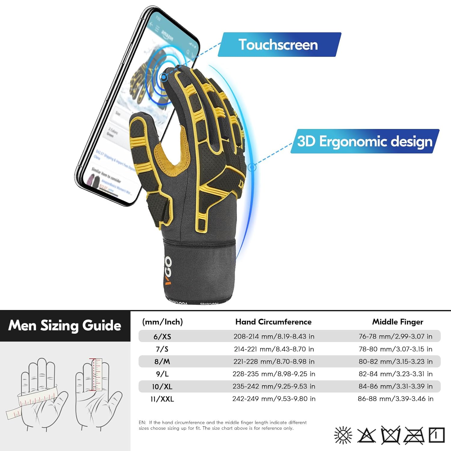 Vgo... Guanti Lavoro Termici Impermeabili Anti-Impatto Touchscreen, Guanti Invernali Lavoro Uomo per Camionista Legnameria Magazzino Meccanico, 1 paio(XL, Gray Versione Inverno, 1 paio) - immagine 6